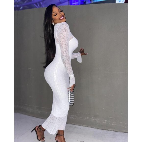 Womens Lace Dress Set Sheer Midi Maxi Long Sleeve Elegant Party Outfit - Picture 3 of 5